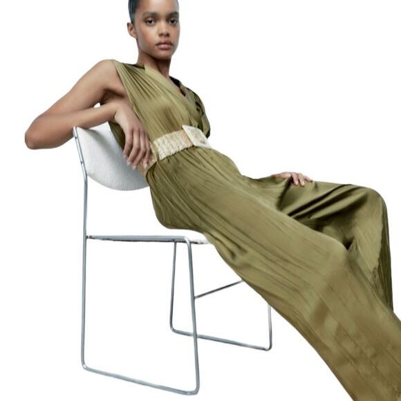 ZARA | Olive Green | SATIN EFFECT JUMPSUIT WITH BELT - Picture 8 of 12